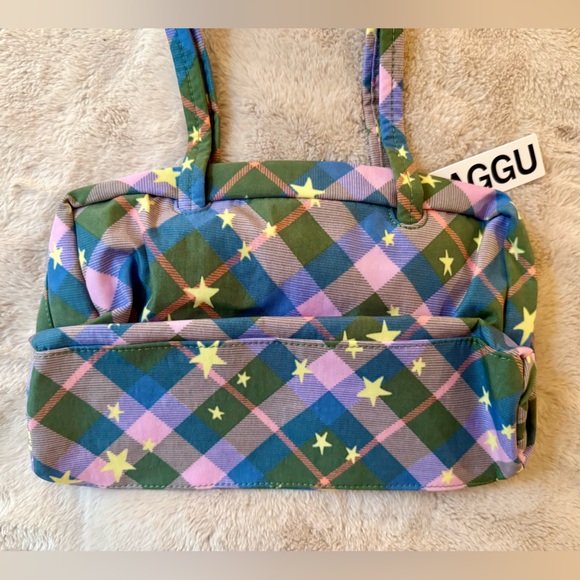 NWT BAGGU Nylon Bowler Bag Green Star Plaid - Picture 8 of 11